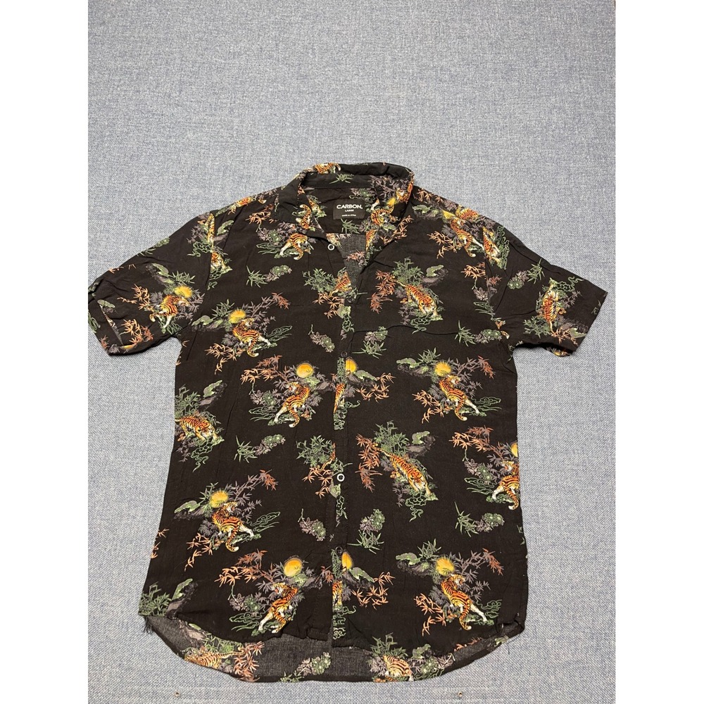 Carbon Mens Tiger Bamboo Print Short Sleeve Button Down Shirt Black Large - Picture 1 of 6